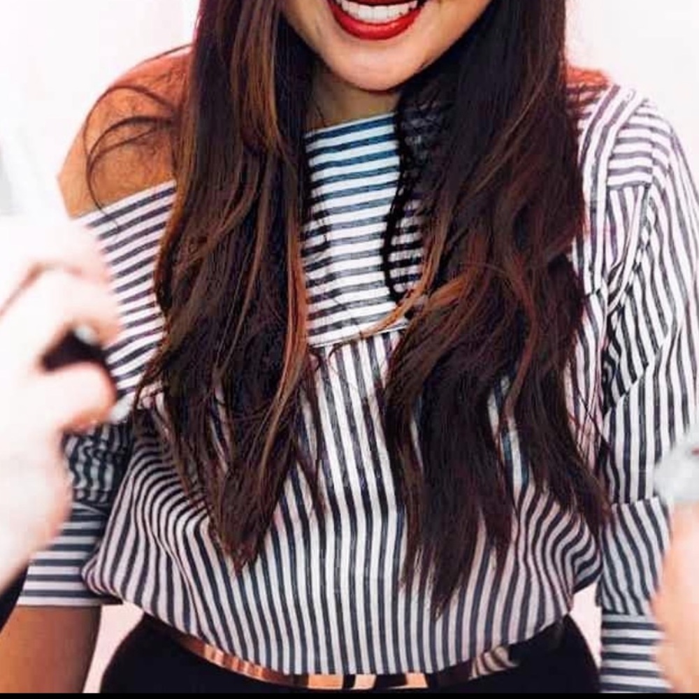 Zara Off Shoulder Striped Top Blue White Medium